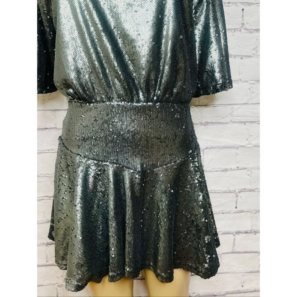Free People Womens Gunmetal Gray Sequin Futter Sleeve Manuka Mini Dress Size XS